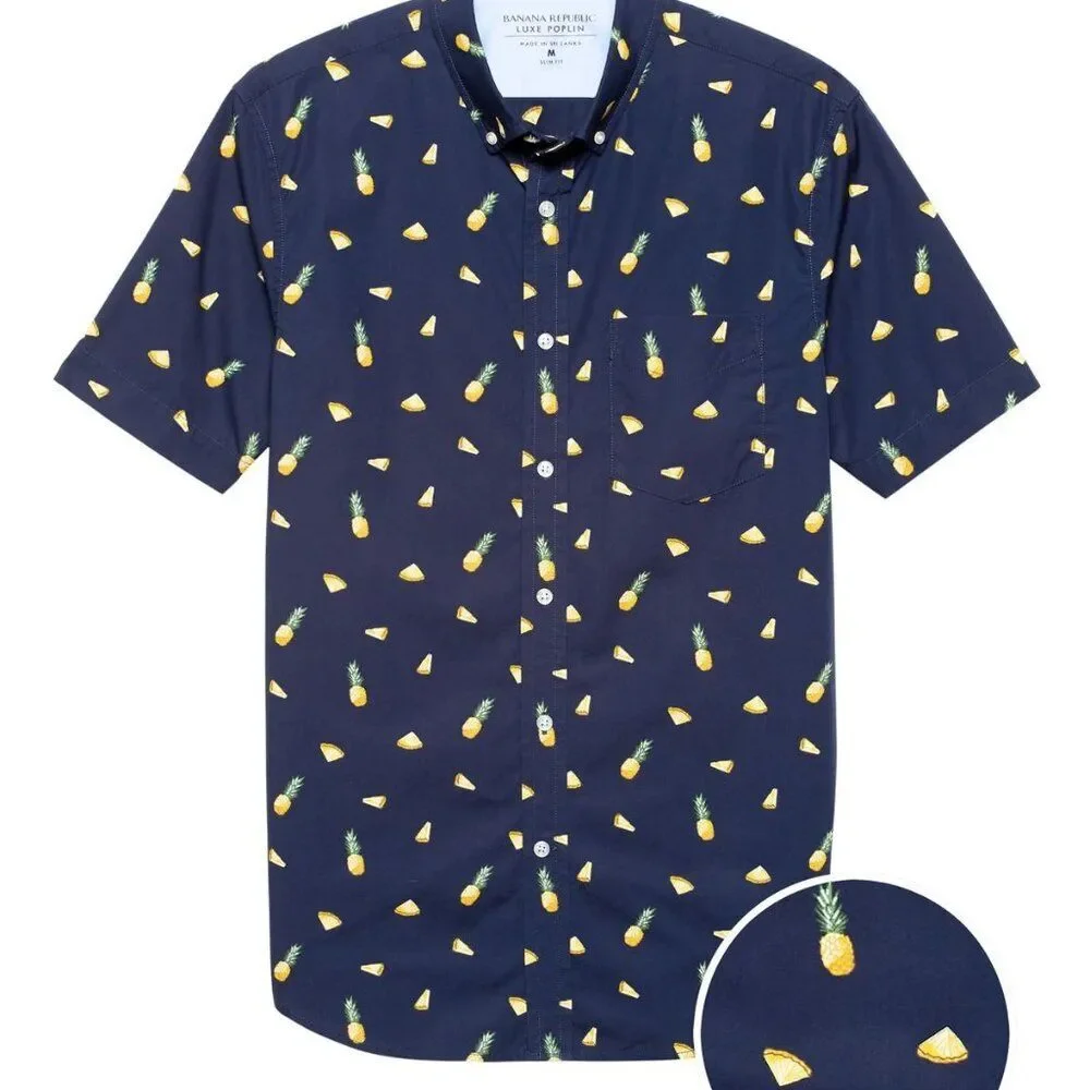 Banana Republic Men's Slim-Fit Luxe Poplin Print Shirt Pineapple Print Size XL